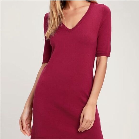 Lulus Dresses & Skirts - NEW Lulu’s Ballad Berry Pink Half-Sleeve Sweater Dress V-Neck Shift sz L Large